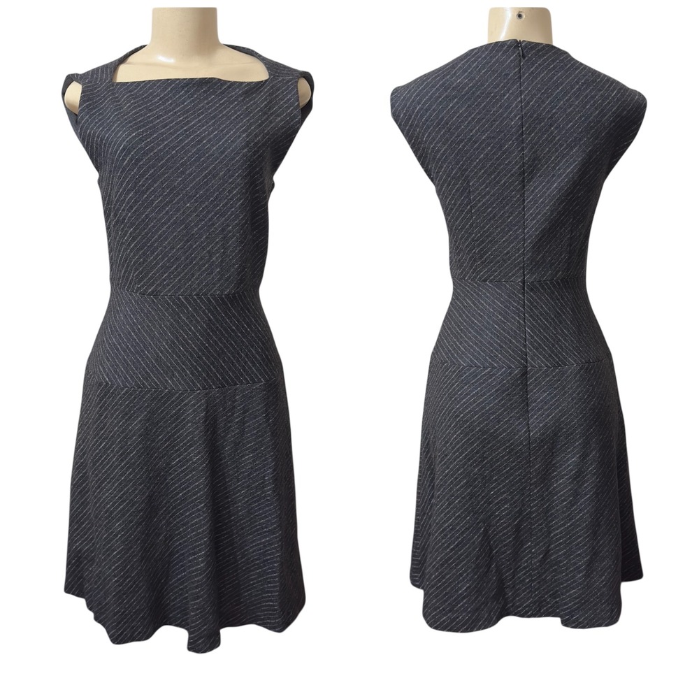 MM.LaFleur Gray Etch Pinstripe Wool Blend Square‎ Neck Cap Sleeve Dress Size 8